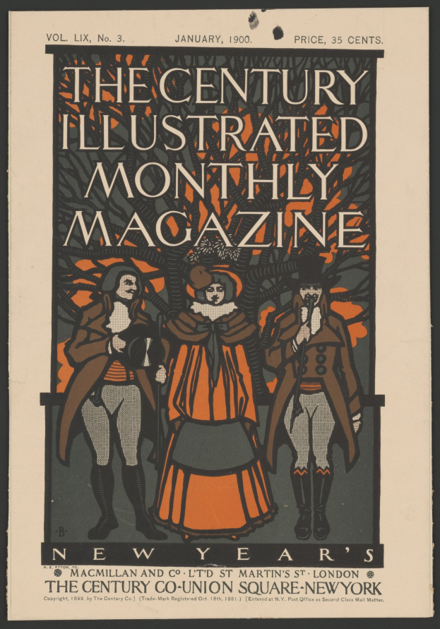 Schwarzer Plakat für *The Century Illustrated Monthly Magazine*, Januar 1900, mit einem dekorativen Rahmen, das Menschen in historischer Kleidung und fetter Schrift zeigt.
