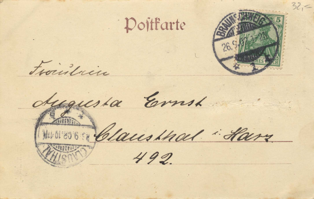 Alter Umschlag mit österreichischer 5c-Marke, adressiert an Österreich, mit zusätzlichem Text und zwei Marken.