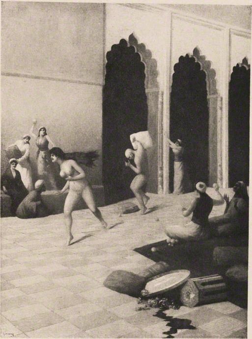 Schwarz-weiß-Zeichnung mit dem Titel "Der Tanz der Nymphen" von Gustav Klimt, die eine Gruppe von Menschen in einem Raum mit einer Wand und Säulen im Hintergrund zeigt.