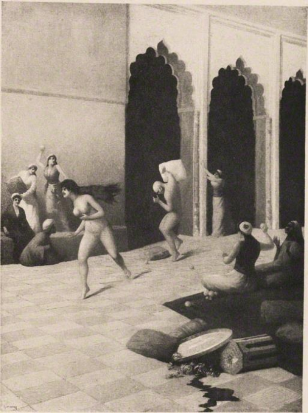 Schwarz-weiß-Zeichnung mit dem Titel "Der Tanz der Nymphen" von Gustav Klimt, die eine Gruppe von Menschen in einem Raum mit einer Wand und Säulen im Hintergrund zeigt.