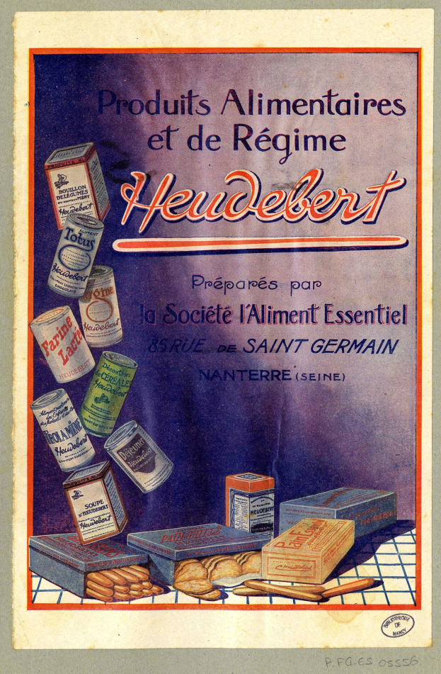 Plakat mit dem Titel "Heidelberg - Produkte Alimentaires et de Régime Heidelberg" zeigt verschiedene Lebensmittel, Schachteln und Gegenstände.
