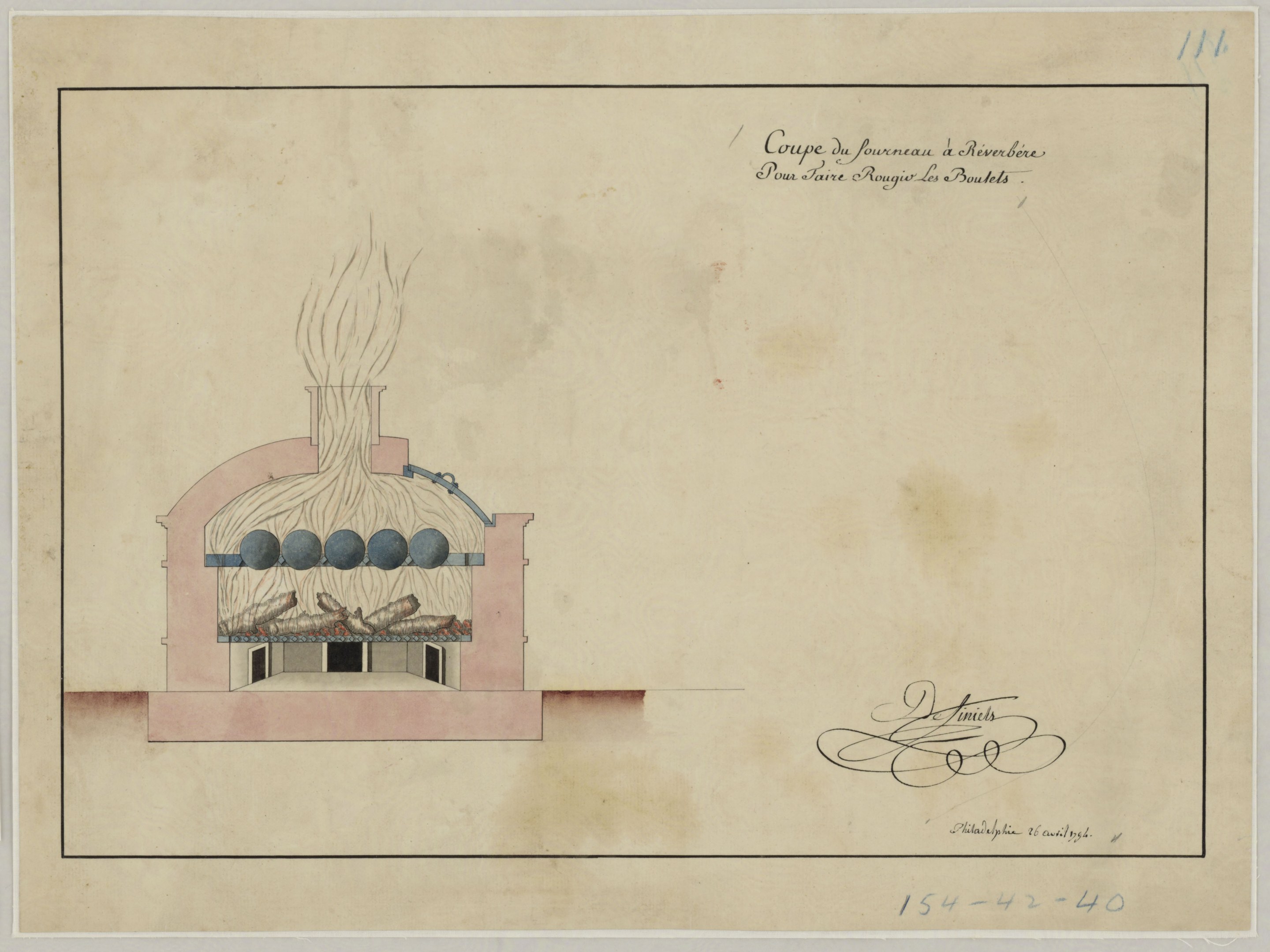 Eine Zeichnung eines rauchenden Gebäudes, das wahrscheinlich einen Luftschutzbunker darstellt, auf einem Blatt Papier mit handgeschriebener Schrift.
