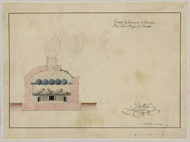 Eine Zeichnung eines rauchenden Gebäudes, das wahrscheinlich einen Luftschutzbunker darstellt, auf einem Blatt Papier mit handgeschriebener Schrift.