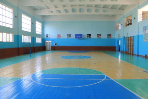 Großer Turnsaal mit einem blauen und weißen Basketballfeld, einem Netz an Stangen, einer Tür, Fenstern, Plakaten an den Wänden, einem Geländer und einem Dach.