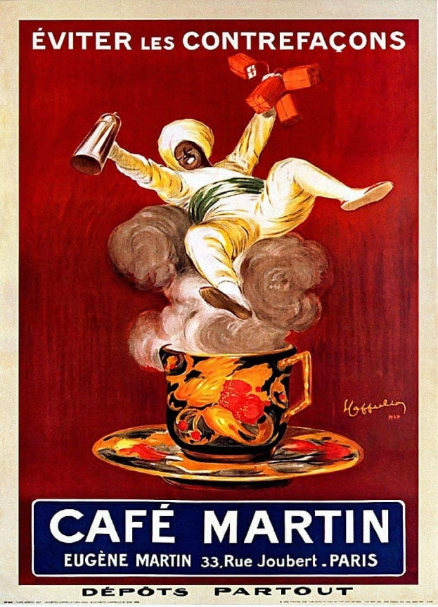 Plakat für Café Martin in Paris mit einer Person, die eine Tasse Kaffee hält und über ihr die fette Schrift 'Café Martin'.