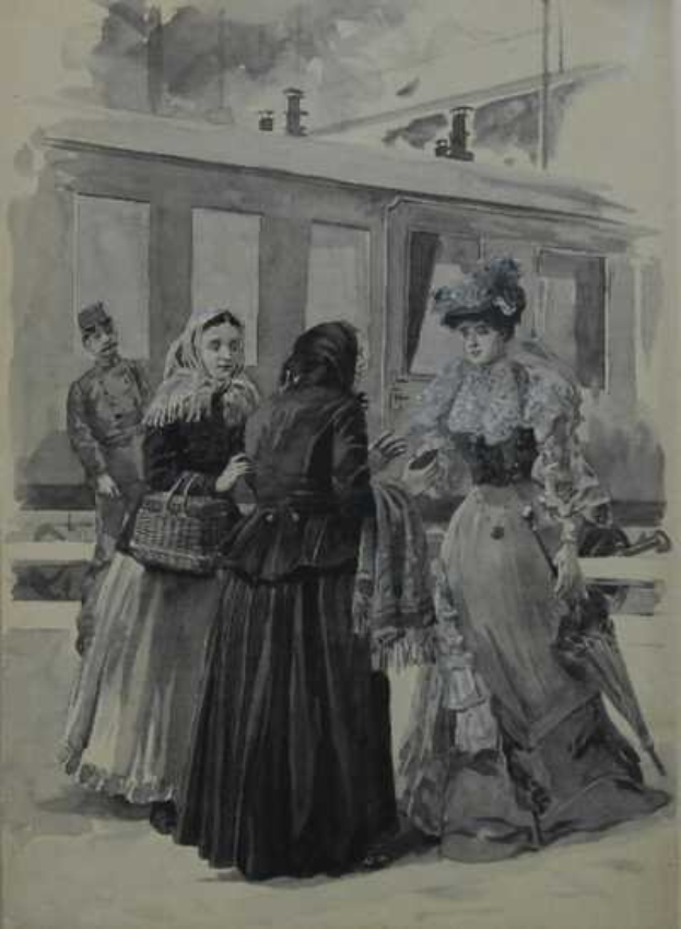 Schwarz-weißes Foto einer Gruppe von Frauen, die neben einem Zug stehen, eine hält einen Korb, mit einer Person im Zugfenster dahinter und Text unten, der lautet: "Druck aus dem Leben und der Zeit der ersten Lady der Vereinigten Staaten von Anonymous."