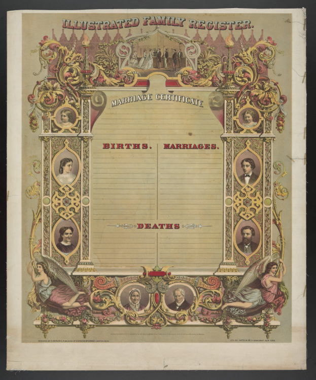 Illustrierter Familienstammbuch-Eintrag mit schwarzem Hintergrund, mit Bildern von Menschen und Text 'Geburten, Hochzeiten, Tode'.