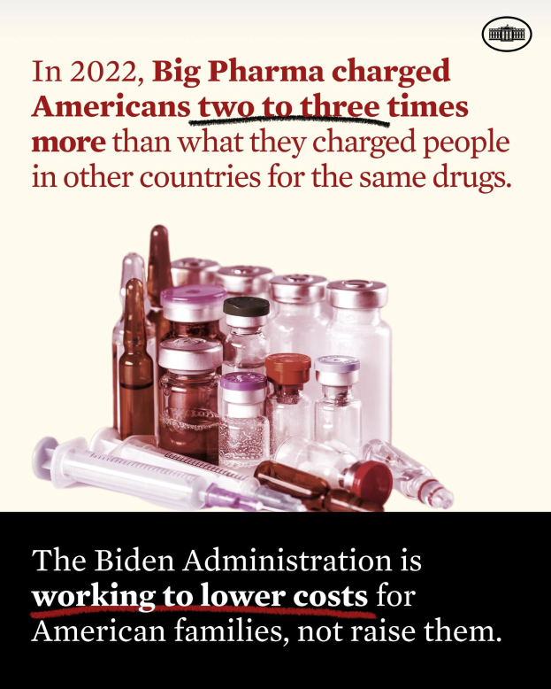 Ein Plakat, das zeigt, dass Big Pharma in 2022 Amerikaner zwei bis drei Mal mehr für dieselben Medikamente berechnet hat als in anderen Ländern, mit Bildern von Medikamentenflaschen und einer Spritze.