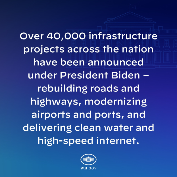 Blauer Hintergrund mit weißer Schrift, die besagt: "Über 40.000 Infrastrukturprojekte wurden bundesweit unter Präsident Biden angekündigt" und ein Logo unten.