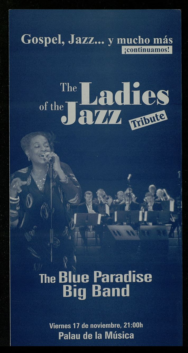 Ein Plakat für den Jazz Tribute Ladies Abend im Blue Paradise Big Band, das eine Gruppe von Musikern zeigt, die Instrumente spielen, mit einer Frau, die in ein Mikrofon singt, in der Mitte, und Text, der das Ereignis beschreibt.