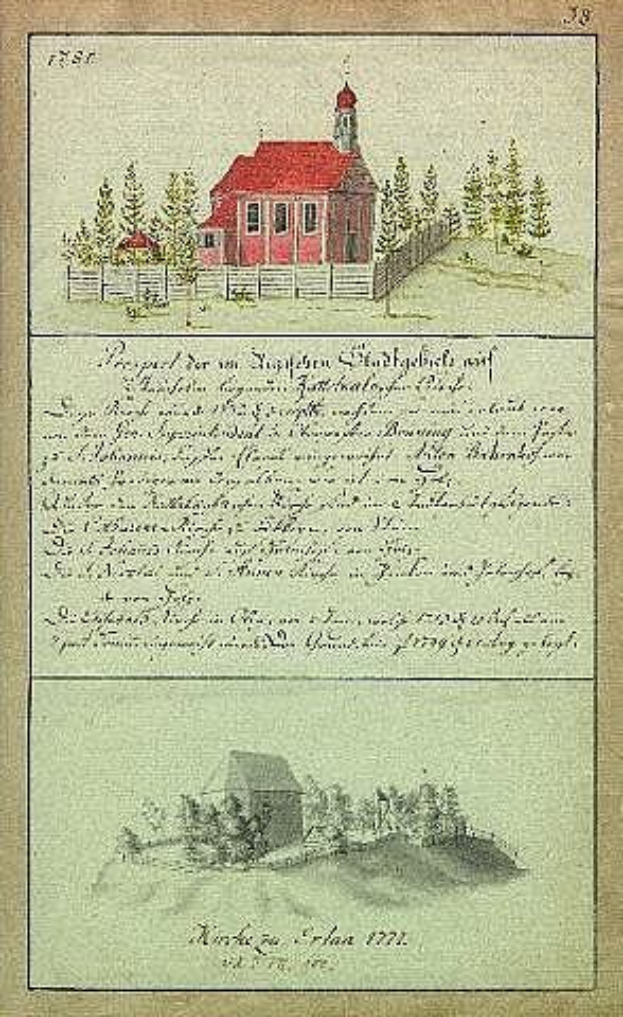 Ein altes Buch mit einer Zeichnung eines roten Hauses umgeben von Bäumen und einem Zaun, betitelt 'Deutsche Schule in den Niederlanden, 1777'.