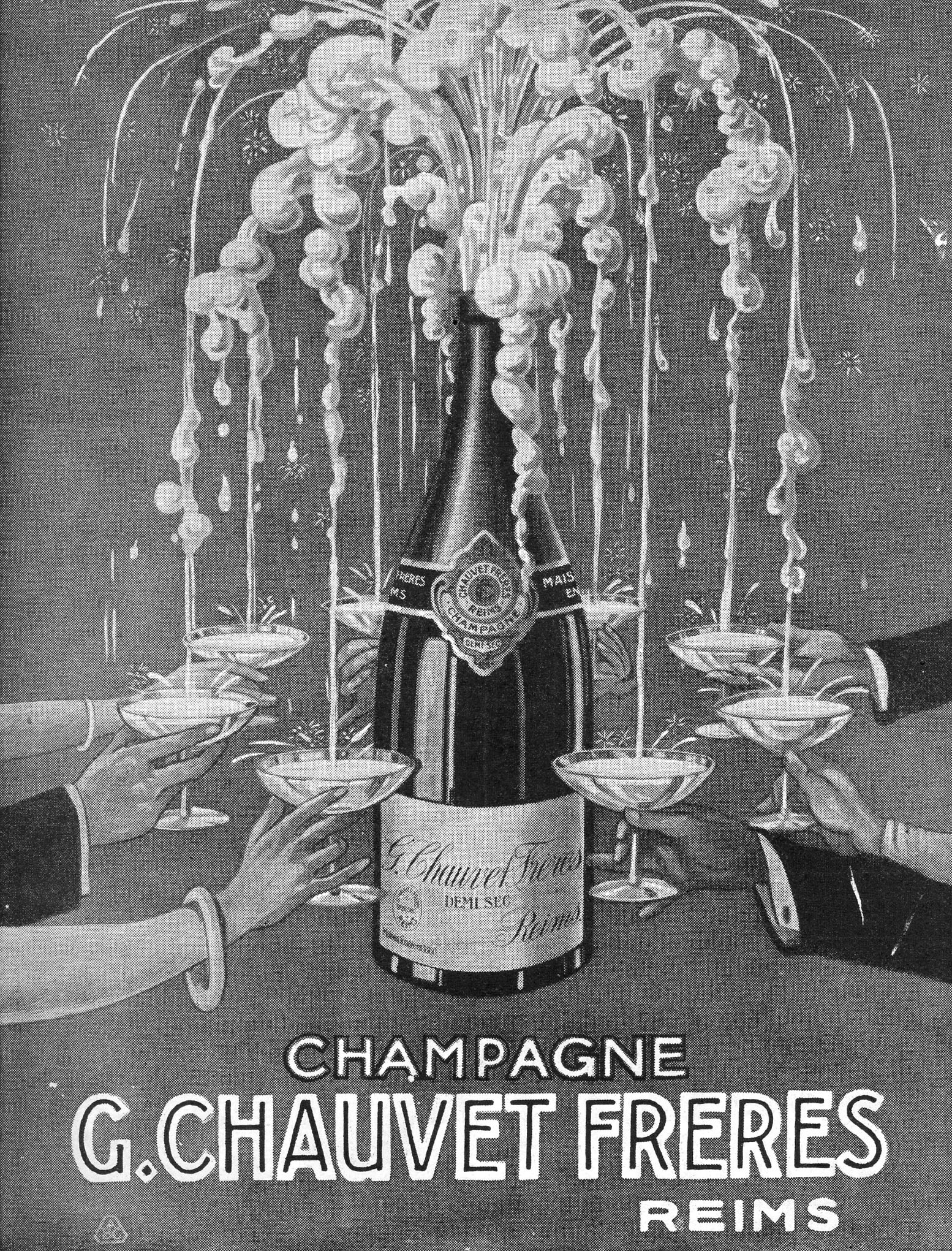 Werbung für G. Chauvet Freres Reims Champagner mit einer zentralen schwarzen und weißen Flasche, umgeben von Menschen mit Champagnergläsern, und dekorativem Text unten.