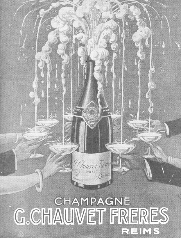 Werbung für G. Chauvet Freres Reims Champagner mit einer zentralen schwarzen und weißen Flasche, umgeben von Menschen mit Champagnergläsern, und dekorativem Text unten.