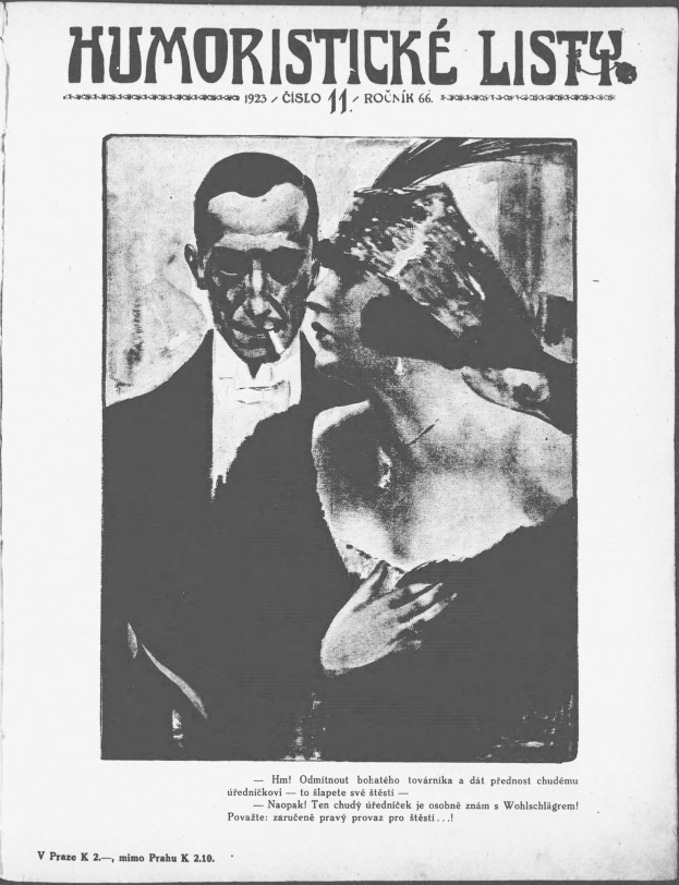 Schwarzes und weißes Magazin-Cover mit der überschrift 'Humoristische Liste', das einen Mann im Anzug mit ernster Miene und eine Frau mit leichtem Schmunzeln zeigt.