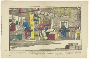 Eine handgezeichnete Fabrikszene, die Arbeiter bei der Bedienung von Maschinen, Tischen, Fenstern und anderen Gegenständen zeigt, mit Text am unteren Rand des Papiers.