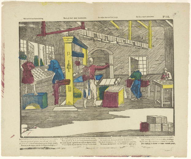 Eine handgezeichnete Fabrikszene, die Arbeiter bei der Bedienung von Maschinen, Tischen, Fenstern und anderen Gegenständen zeigt, mit Text am unteren Rand des Papiers.