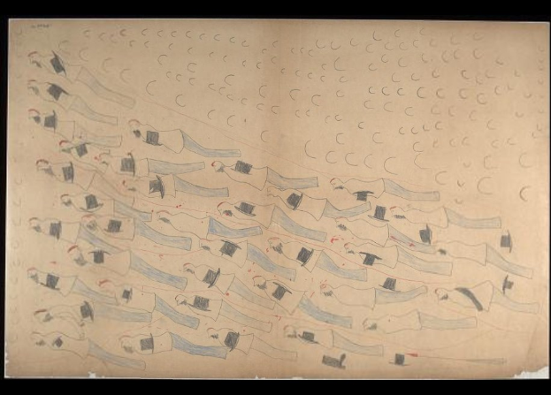 Schwarzumrandetes Bild von Menschen, die im Einklang in einem Gewässer schwimmen.