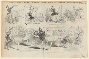 Eine Seite aus einem Buch mit einer lebendigen Zeichnung von Menschen, die im Einklang tanzen, begleitet von Text, der die Einzelheiten des Ereignisses beschreibt.