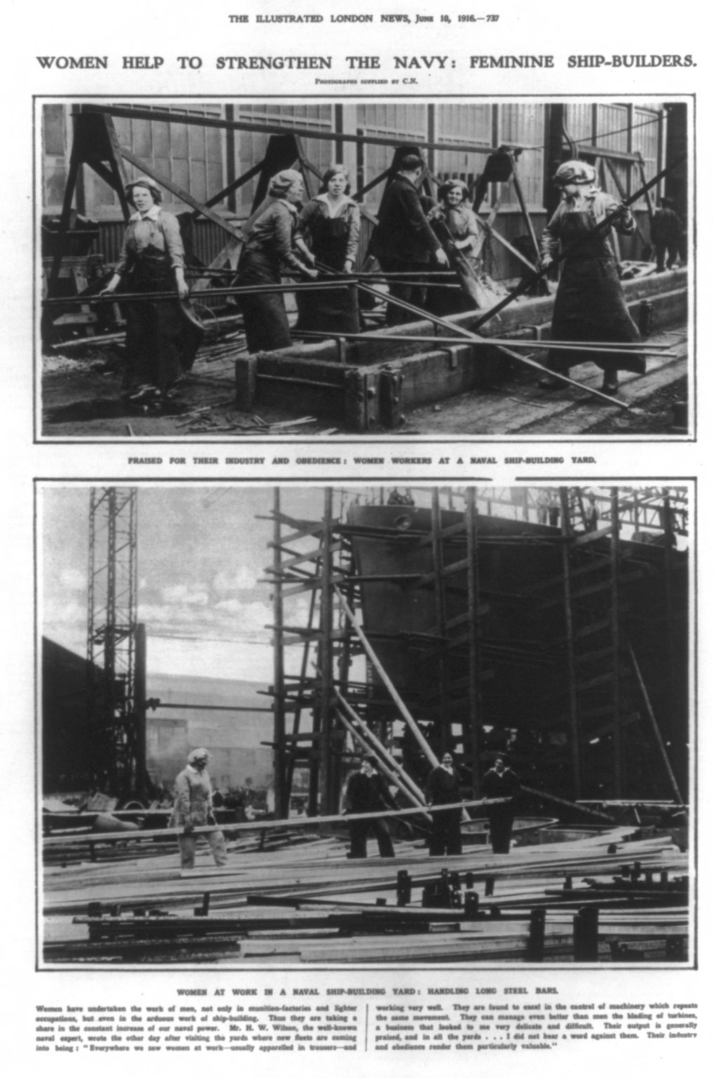 Schwarzes und weißes Foto von Frauen, die Metallschiffsbauteile zusammenbauen, mit Text "Frauen stärken die Marine Feminine Schiffbauer" oben und unten.