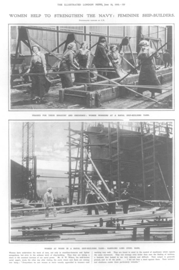 Schwarzes und weißes Foto von Frauen, die Metallschiffsbauteile zusammenbauen, mit Text "Frauen stärken die Marine Feminine Schiffbauer" oben und unten.