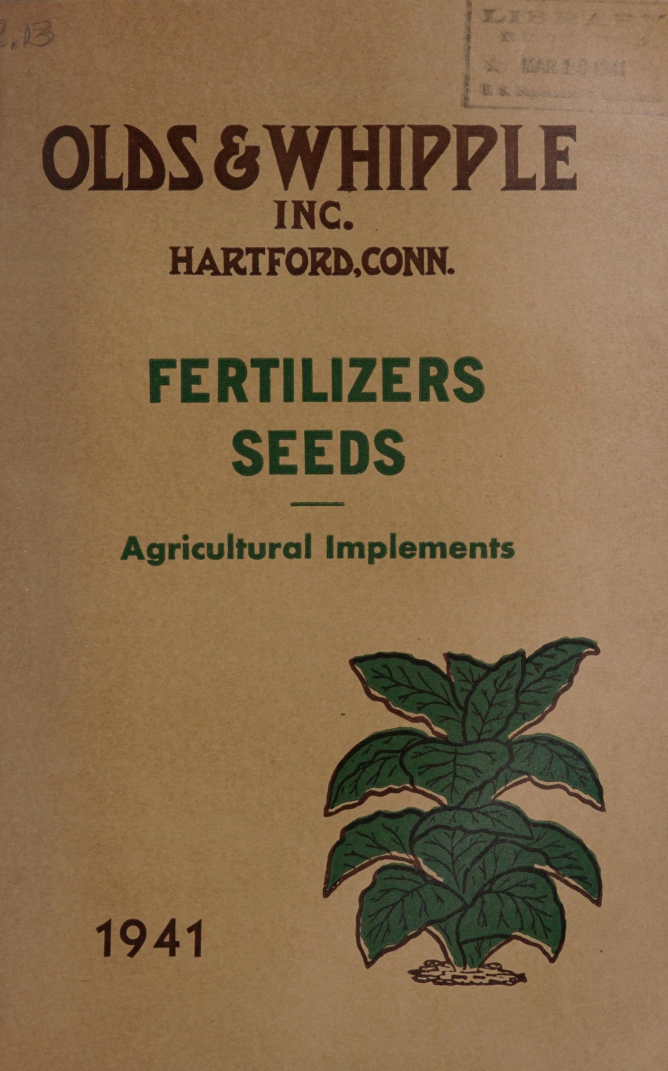 Altes Buchcover aus dem Jahr 1941 mit einer Illustration eines üppigen grünen Pflanzenbildes und Text über Düngemittel, Samen und landwirtschaftliche Geräte.