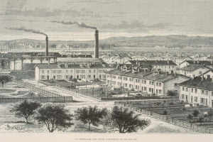 Schwarze und wei├če Illustration einer futuristischen Stadt mit Geb├Ąuden, Grünfl├Ąchen, einer Brücke und Rauch aus Schornsteinen, vor Hügeln und einer bew├Âlktem Himmel, mit der ├ťberschrift "Barclay, die Stadt der Zukunft" unten.