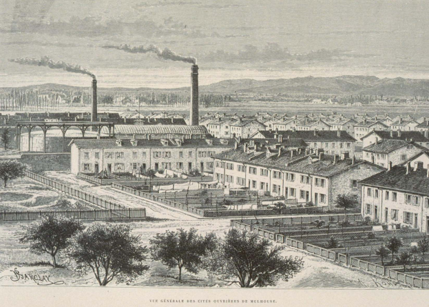 Schwarze und wei├če Illustration einer futuristischen Stadt mit Geb├Ąuden, Grünfl├Ąchen, einer Brücke und Rauch aus Schornsteinen, vor Hügeln und einer bew├Âlktem Himmel, mit der ├ťberschrift "Barclay, die Stadt der Zukunft" unten.