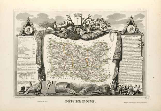 Altes Buch mit einer alten Landkarte von Frankreich, umgeben von historischen Illustrationen und Texten.