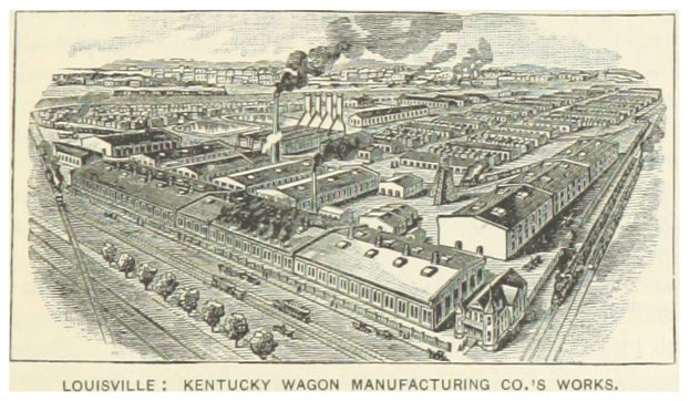 Plakat der Louisville, Kentucky Wagon Manufacturing Co. mit Gebäuden, Fahrzeugen und Rauch sowie Text unten.