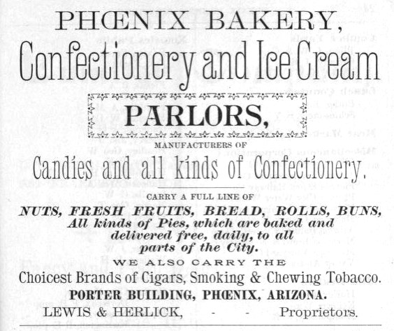 Werbung für Phoenix Bakery, ein Konditorei- und Eisdielen-Unternehmen, mit Text, der seine Angebote beschreibt.