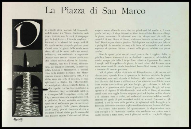 Ein Blatt mit Text in klassischer Schriftart und einer Illustration der Piazza di San Marco in Venedig, das die Pracht und Geschichte der Stadt mit leuchtenden Farben und detailreichen Elementen hervorhebt.