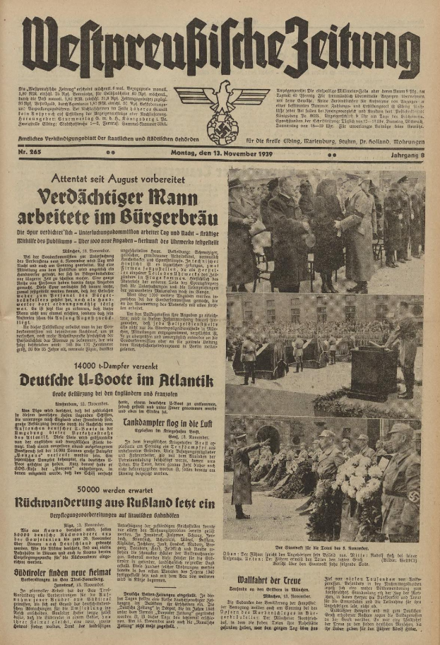 Schwarze Titelseite einer deutschen Zeitung vom 13. November 1939 mit der Uberschrift 'Weitpreubliche Zeitung', die eine Gruppe von Menschen in traditioneller deutscher Tracht in einer feierlichen Szenerie zeigt.
