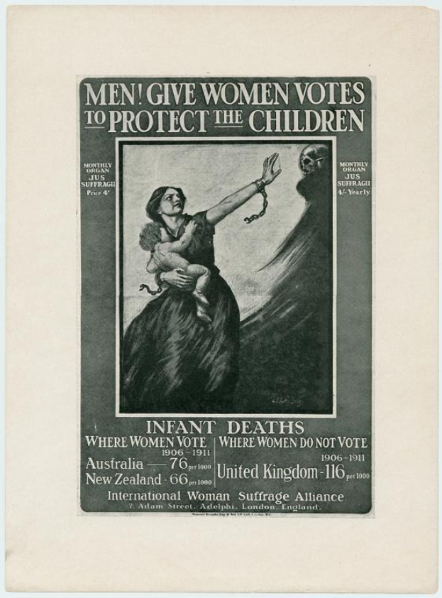 Ein schwarzes und weißes Plakat mit einer Frau in einem weißen Kleid, die ein Baby hält, und der Aufschrift "Männer geben Frauen Stimmen, um die Kinder zu schützen" oben.