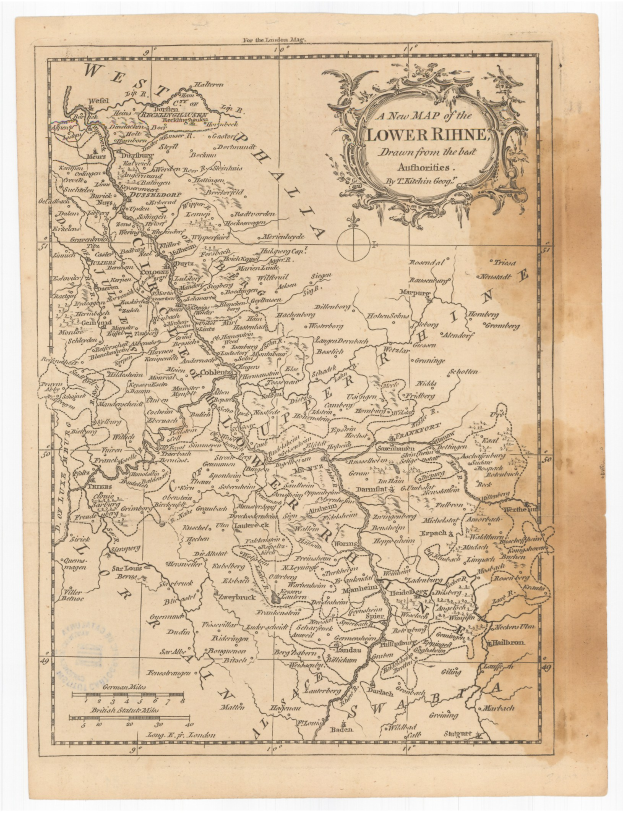 Detailierte alte Landkarte der Niederrhein-Region mit klassischer Typografie, die Flüsse, Berge und Städte zeigt.
