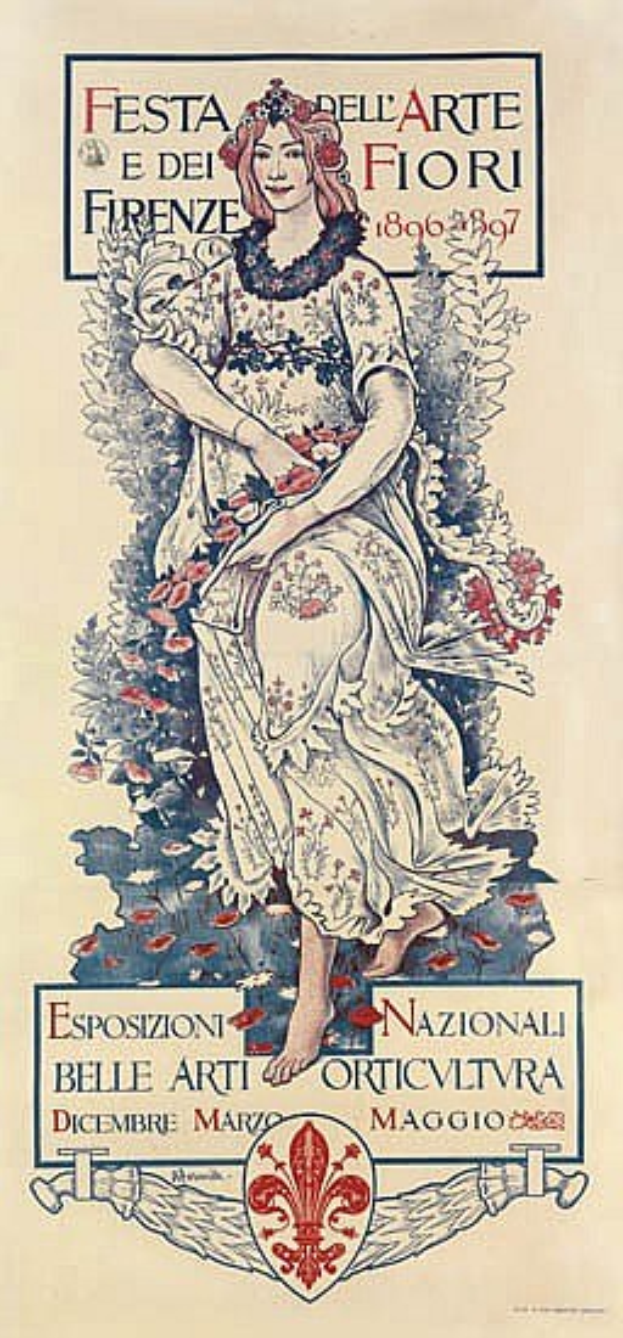 Ein Plakat für ein italienisches Festival, das eine Frau in einem langen weißen Kleid mit hohem Kragen und einem Dutt zeigt, vor einem hellblauen Hintergrund mit fetter schwarzer Schrift.