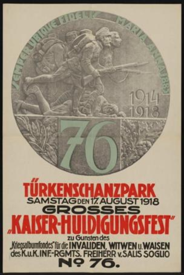 Plakat zum 70. Jubiläum des Kaiser-Huldigungsfestes in Berlin, Deutschland, mit einer Gruppe von Menschen in der Mitte und umgeben von Text und Zahlen, gerahmt in einem Fotoраhmen.