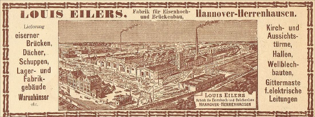 Schwarze und weiße Anzeige für die Louis Eilers Hannover-Herrenhausen-Fabrik mit einem Bild der Fabrik und begleitendem Text.