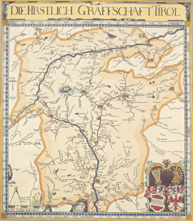 Detailreicher Poster der ersten deutschen Grafschaft Tirol-Karte, der geografische Merkmale wie Flüsse, Berge und Städte zeigt, mit begleitendem Text über die Region.