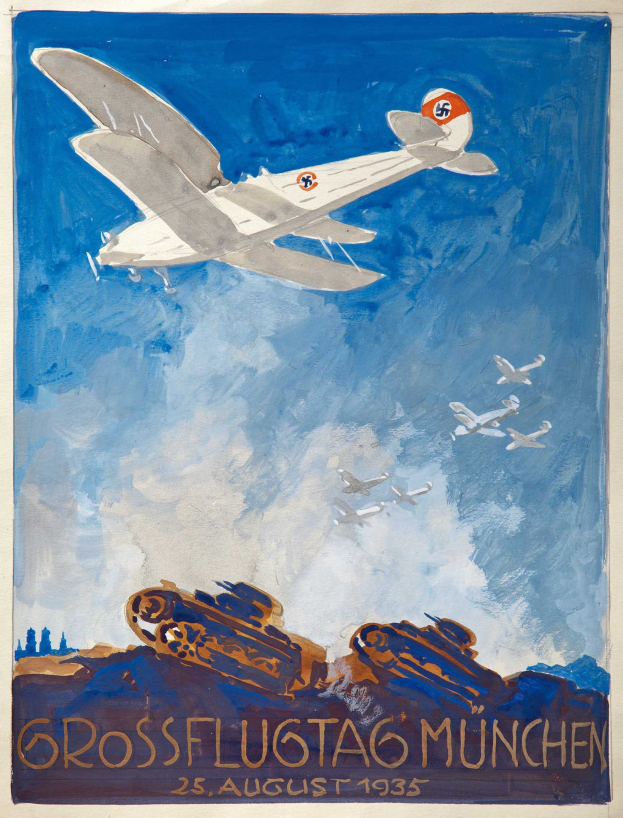 Plakat für das Grossflugtag München-Event am 25. August 1935, das ein Flugzeug im Flug mit anderen Flugzeugen im Hintergrund zeigt.