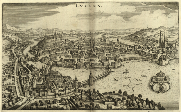 Ein altes Stadtplan von Lwiw, Ukraine, mit Geb├Ąuden, B├Ąumen, Wasser, H├Ąngen und Wolken am Himmel, mit Text ├╝ber dem Bild.