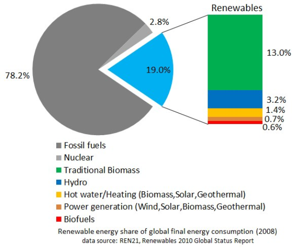 Tortendiagramm, das den globalen erneuerbaren Energieverbrauch im Jahr 2008 zeigt, aufgeteilt nach Energiequellen einschließlich fossiler Brennstoffe, Kernenergie, Wasser, Heizung, Biomasse, Solarenergie, Geothermie und Biokraftstoffe.