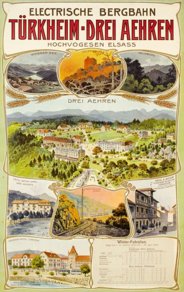 Plakat wirbt für Bergbahn, Deutschland, als Elektrostadt, zeigt Bilder von Gebäuden, Bäumen, Hügeln und beschreibenden Text.
