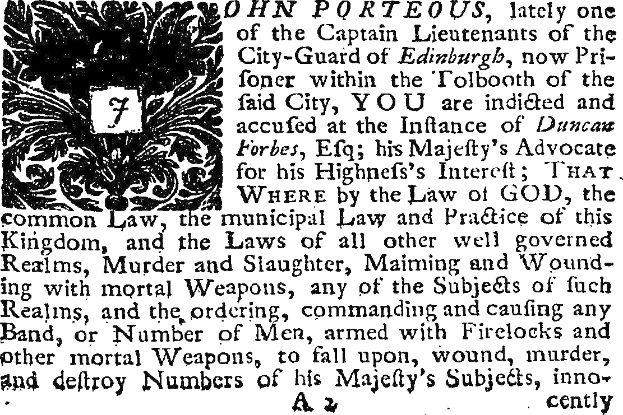 Schwarzes und weißes Bild eines Mannes in Anzug und Krawatte, der ein Dokument mit Text und einem Design hält, einschließlich des Namens "John Porteous" und einer Anklage.