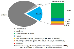 Tortendiagramm, das den globalen erneuerbaren Energieverbrauch im Jahr 2008 zeigt, mit Abschnitten für fossile Brennstoffe, Kernenergie, Wasserkraft, Warmwasser, Heizung, Biomasse, Solarenergie, Geothermie und Biokraftstoffe.