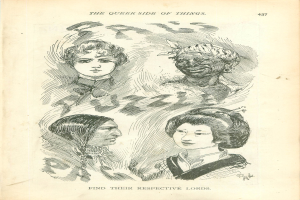 Ein altes Buchcover mit einer Zeichnung von vier Frauenköpfen und der Aufschrift "Die queere Seite der Dinge".