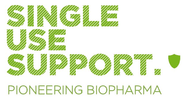 Weißer Hintergrund mit fettem grünem Text, der "single use support pioneering biopharma" gegen den weißen Hintergrund liest.