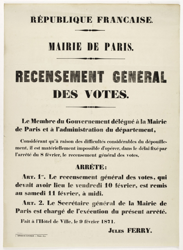 Französischer Text "Recensement Général des Votes" auf einem alten Wahlplakat für die Republik Frankreich.