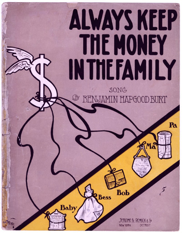 Ein Plakat mit der fettgedruckten schwarzen Schrift 'Immer das Geld in der Familie lassen' vor einem weißen Hintergrund, mit einer bunten Illustration einer strahlenden Familie von vier Personen, die in einem Kreis unter einem hellblauen Himmel mit weißen Wolken stehen.