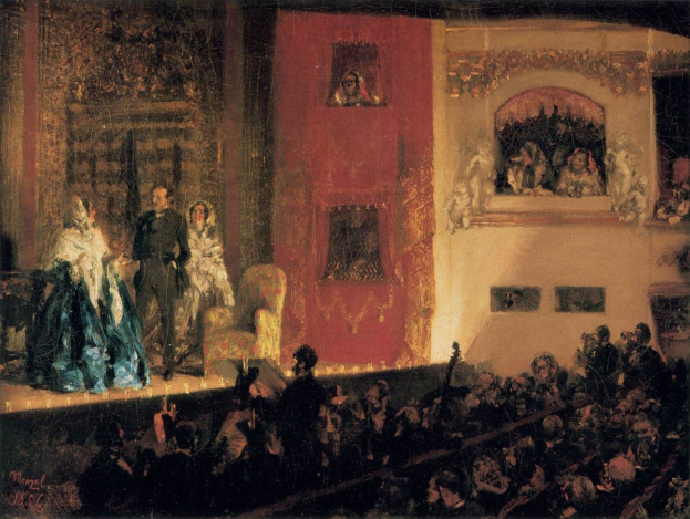 Gemälde namens 'Die Oper' (1856) zeigt eine Gruppe von Darstellern auf der Bühne mit Instrumenten und sitzenden Figuren vor einem Publikum und einer Wand.