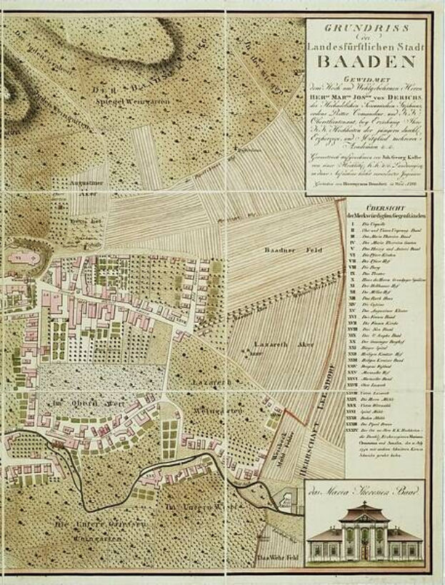Ein detaillierter alter Stadtplan von Baden-Württemberg, Deutschland, der Straßen, Gebäude und Sehenswürdigkeiten zeigt, mit einem Gebäude in der rechten unteren Ecke und Text, der städtische Informationen bereitstellt.